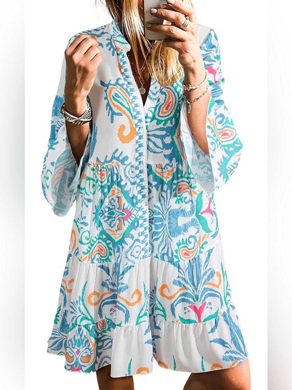 Amazon White Boho Dress with Aqua, Teal & Coral Accents
